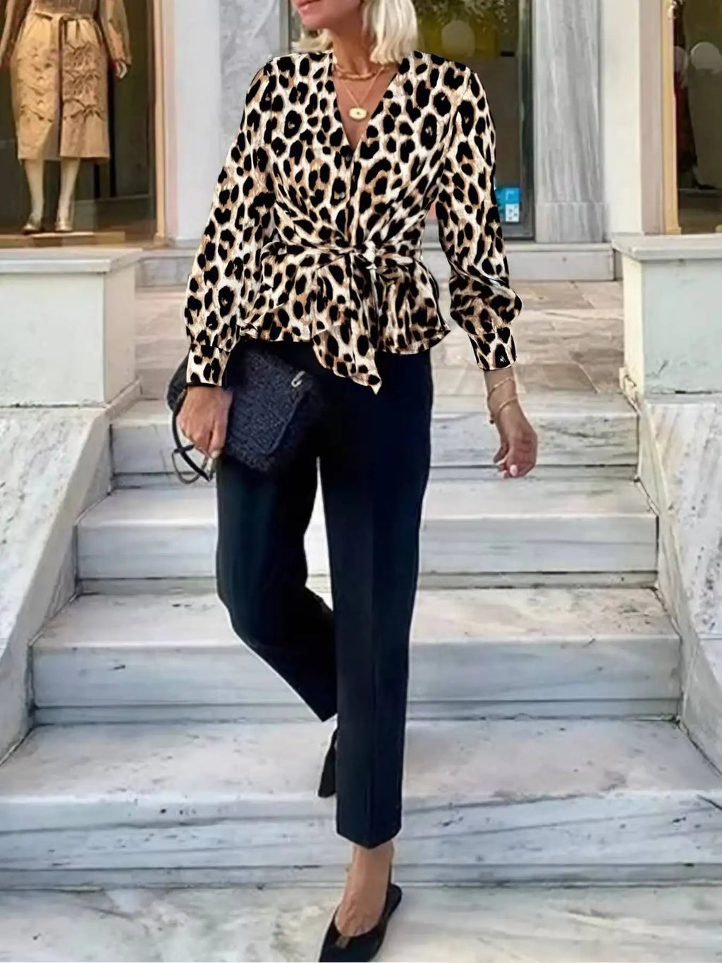 Camicetta da donna primavera estate con stampa leopardata, scollo a V, maniche lunghe, laccio in vita, orlo arricciato, vestibilità slim, trendy, casual, per tutti i giorni, top per appuntamenti