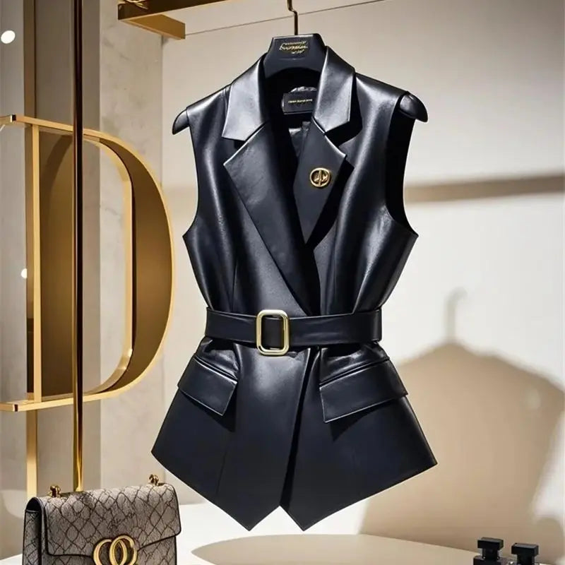 Gilet in Ecopelle Nera con Cintura e Spilla