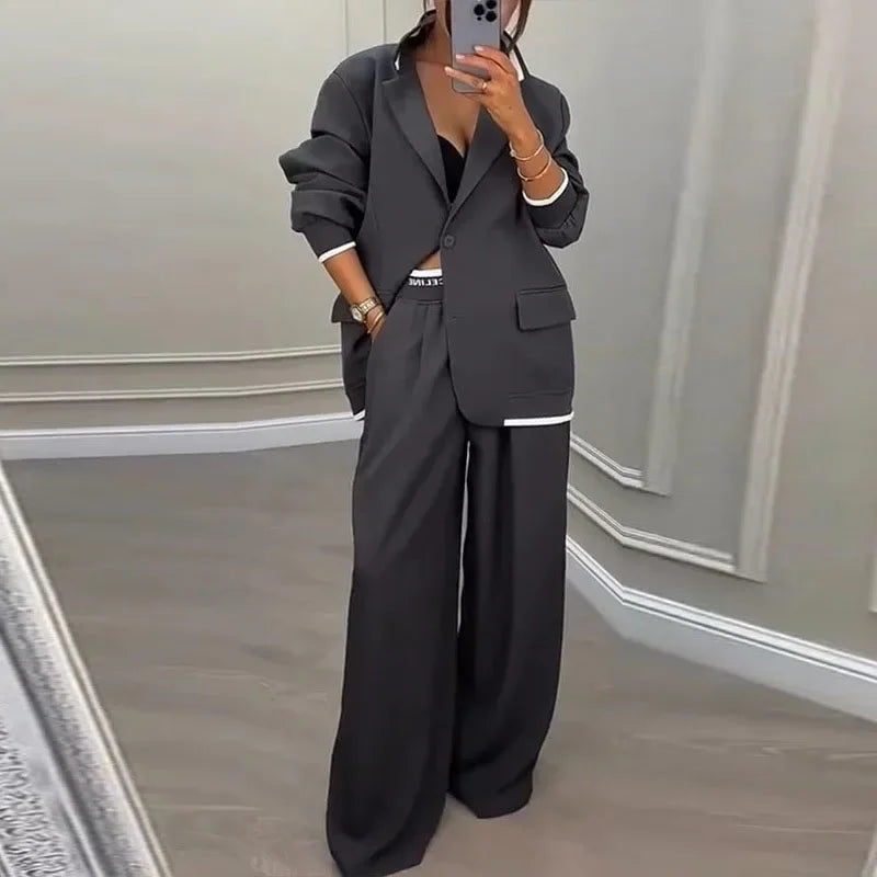 Completo da donna casual Set autunno sexy colletto rovesciato giacca con bottoni e pantaloni a gamba dritta Set completo invernale a maniche lunghe solido