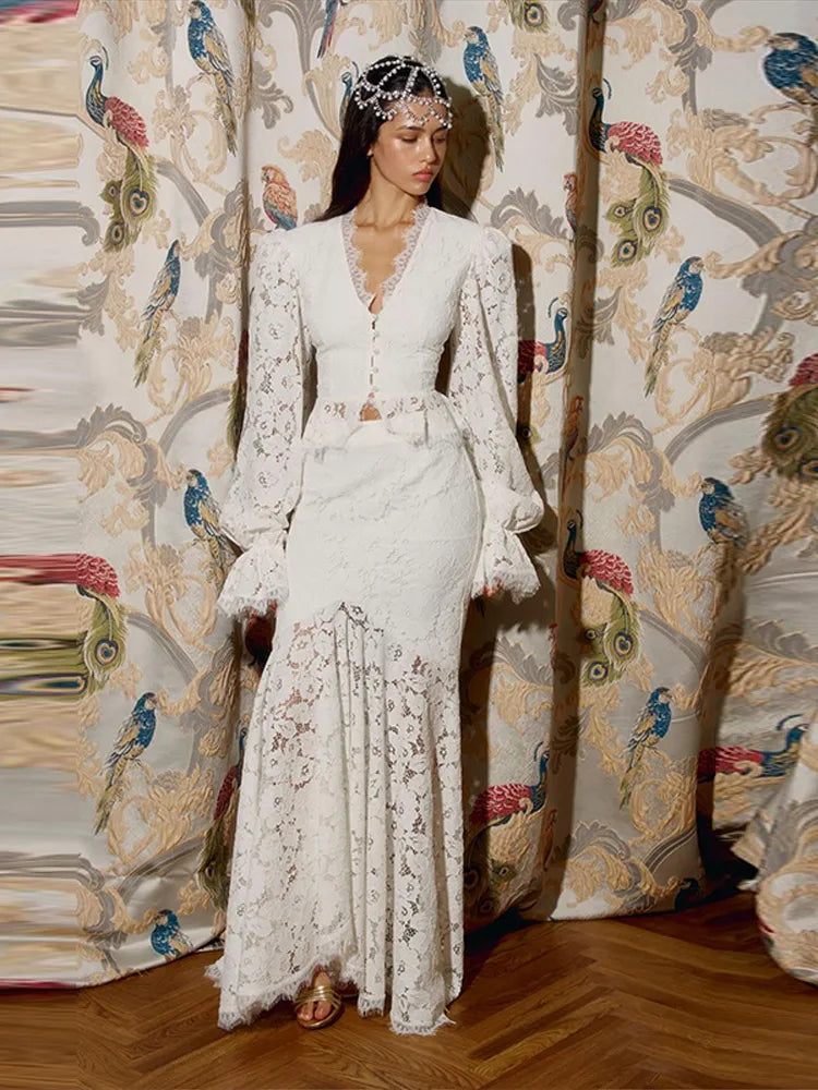 Completo da donna con gonna in pizzo, scollo a V, maniche a campana, top a vita aderente, elegante abito a sirena da sera, completo due pezzi, abbigliamento primaverile