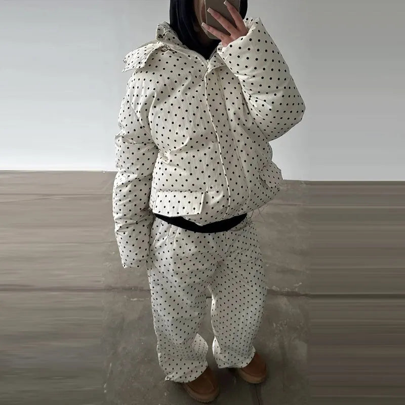 Completo da donna casual con cappotto imbottito in cotone a pois, pantaloni, cappuccio, maniche lunghe, cappotti con cerniera, pantaloni dritti, set da sci invernale 2026