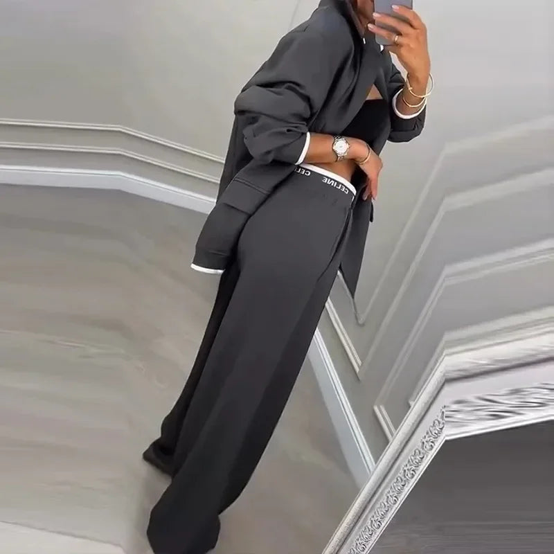 Completo da donna casual Set autunno sexy colletto rovesciato giacca con bottoni e pantaloni a gamba dritta Set completo invernale a maniche lunghe solido