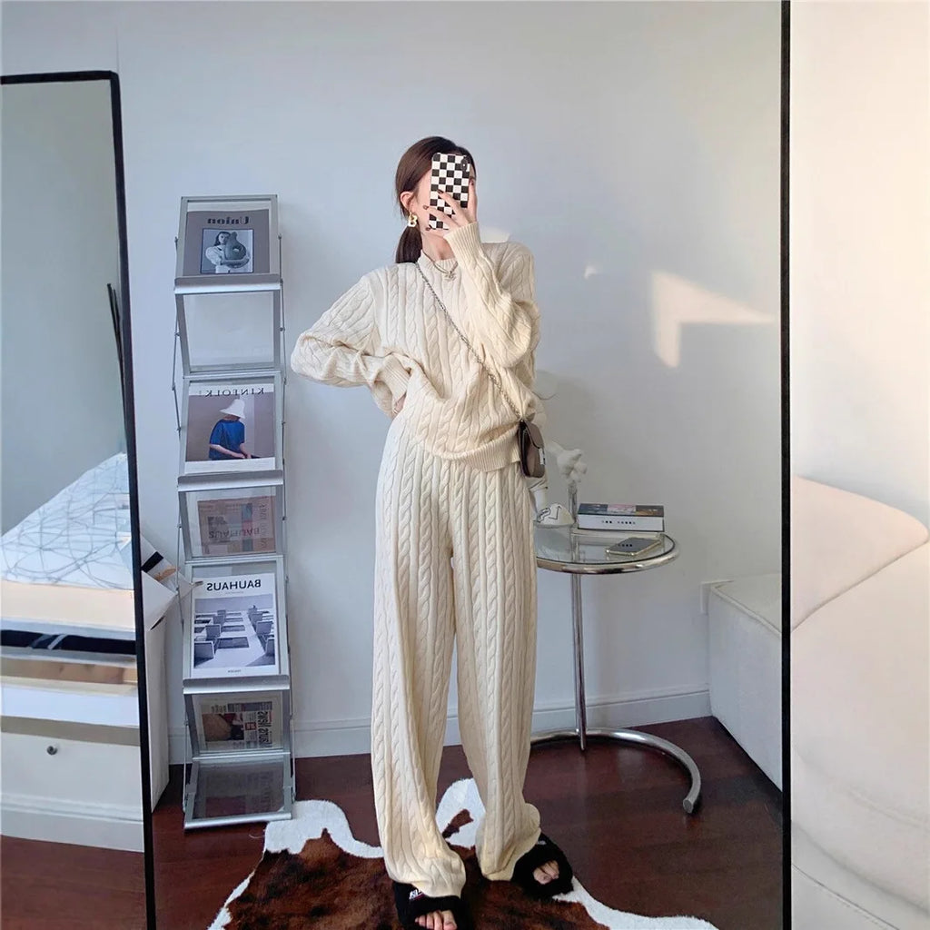Abito lavorato a maglia per donna autunno e inverno nuovo maglione intrecciato + pantaloni a gamba larga set da due pezzi
