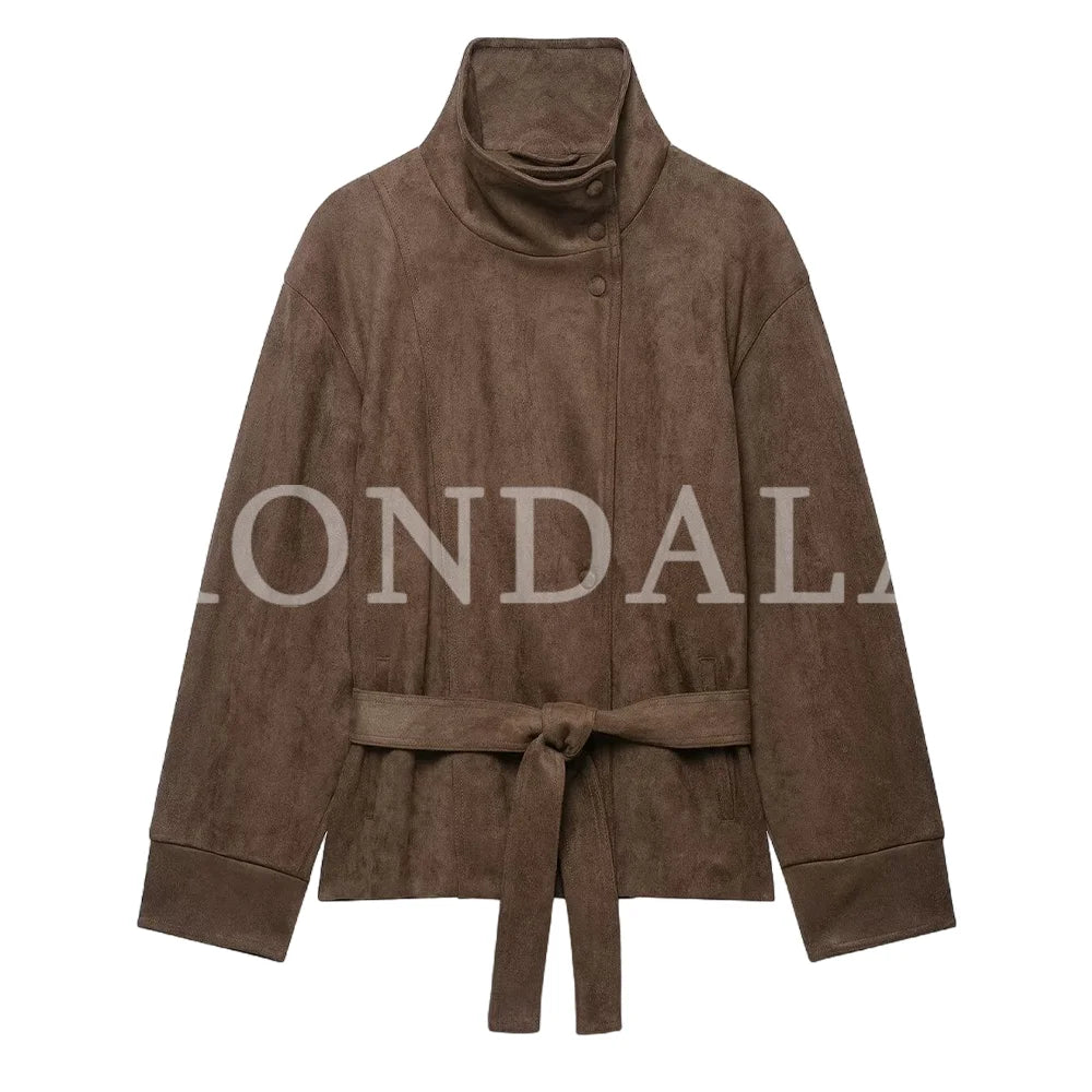 Cappotto Donna Vintage con Cintura in Finta Pelle Scamosciata