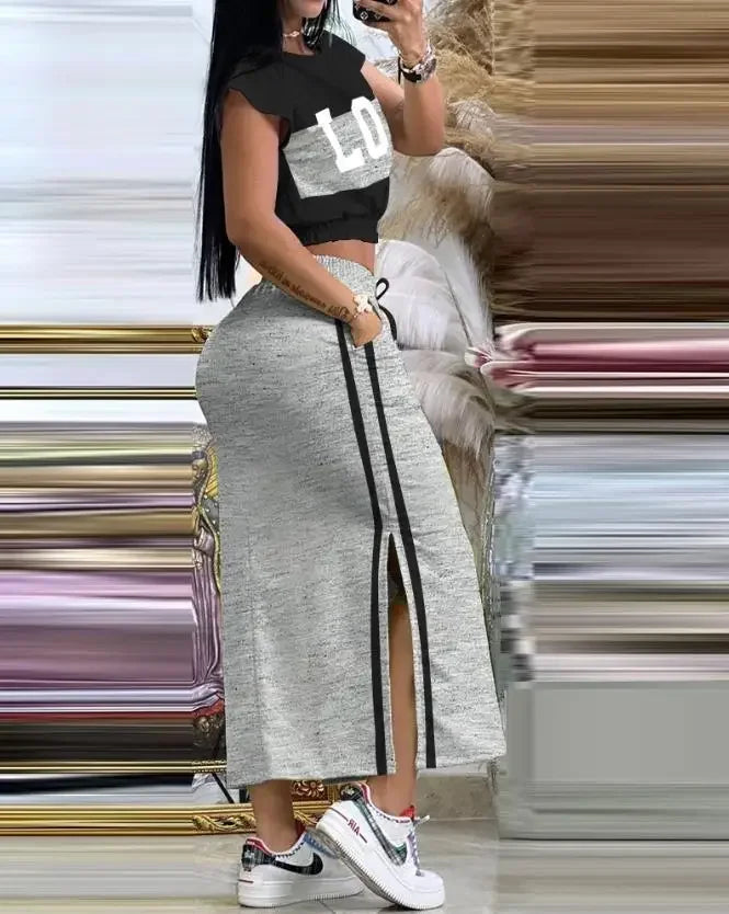 2025 Set da due pezzi estivi Completi da donna Stampa di moda Colorblock O-Collo Manica corta Crop Top e set gonna casual con tasca a righe