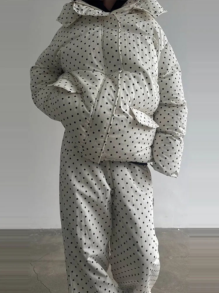 Completo da donna casual con cappotto imbottito in cotone a pois, pantaloni, cappuccio, maniche lunghe, cappotti con cerniera, pantaloni dritti, set da sci invernale 2026
