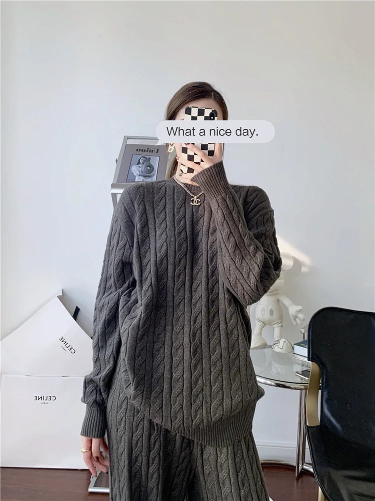 Abito lavorato a maglia per donna autunno e inverno nuovo maglione intrecciato + pantaloni a gamba larga set da due pezzi