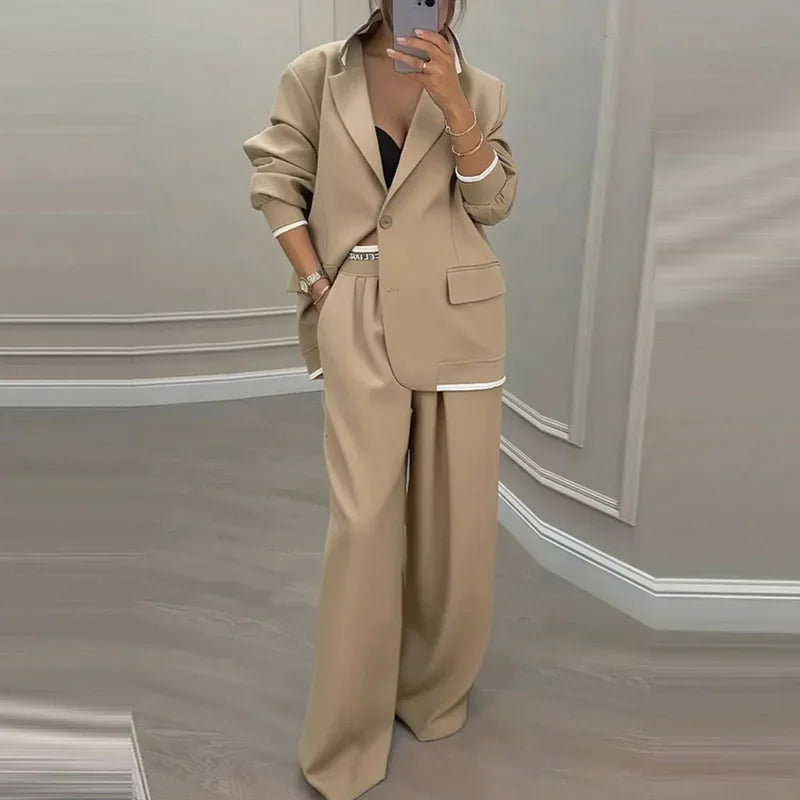 Completo da donna casual Set autunno sexy colletto rovesciato giacca con bottoni e pantaloni a gamba dritta Set completo invernale a maniche lunghe solido