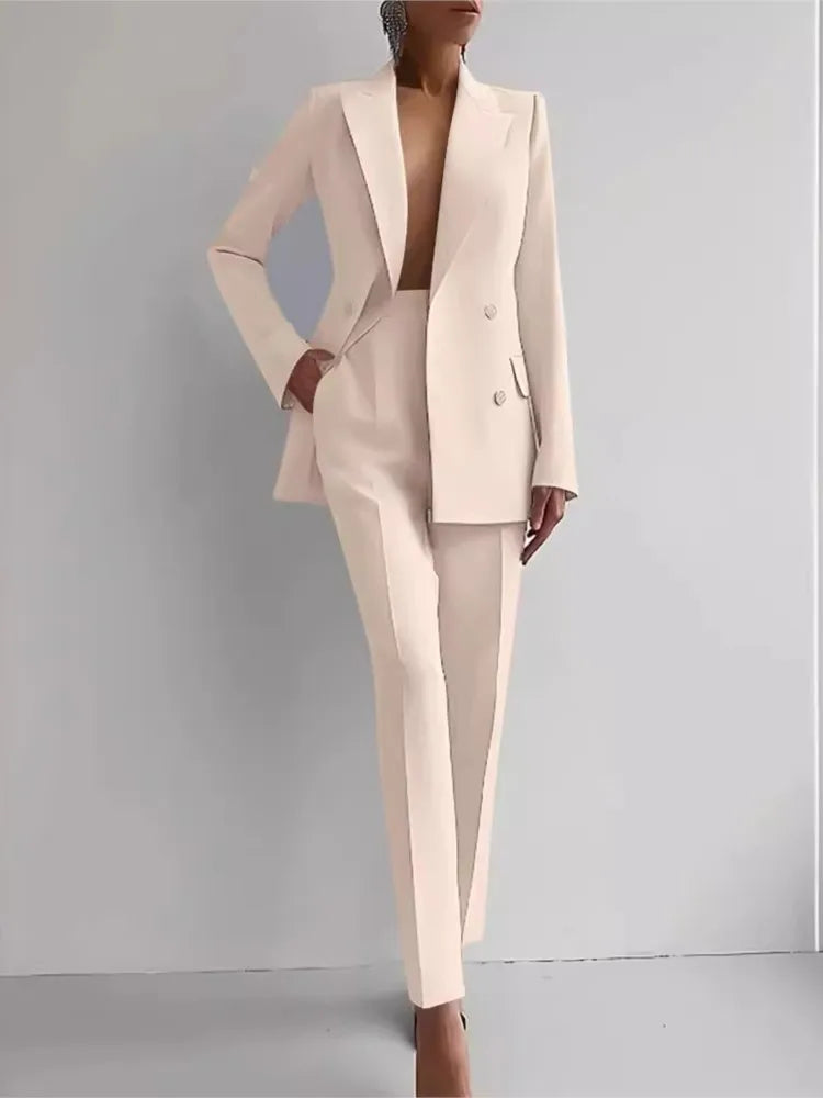 Completo casual primaverile a maniche lunghe Set autunno elegante da ufficio Lady Solid Slim Top Blazer Pantaloni Set da due pezzi Completo da donna 2025