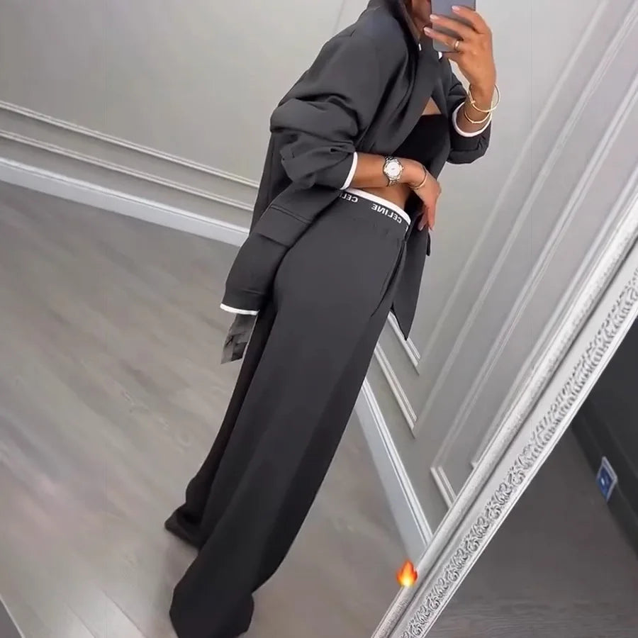Set Due Pezzi Donna – Giacca e Pantaloni a Gamba Larga Office Lady