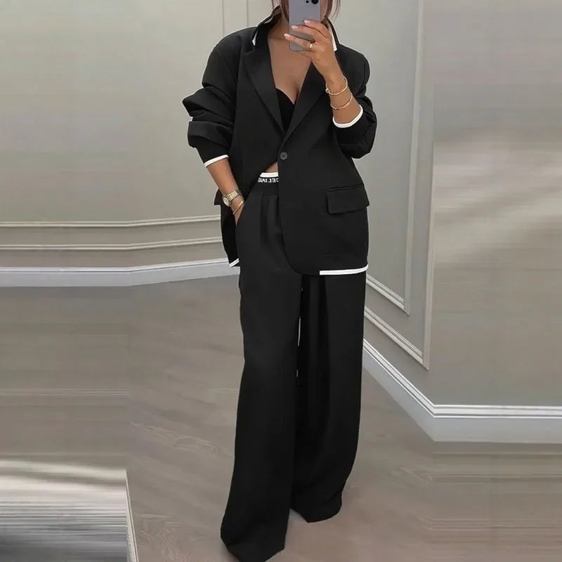 Completo da donna casual Set autunno sexy colletto rovesciato giacca con bottoni e pantaloni a gamba dritta Set completo invernale a maniche lunghe solido