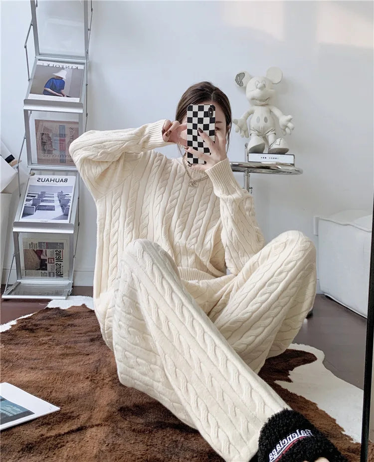 Abito lavorato a maglia per donna autunno e inverno nuovo maglione intrecciato + pantaloni a gamba larga set da due pezzi