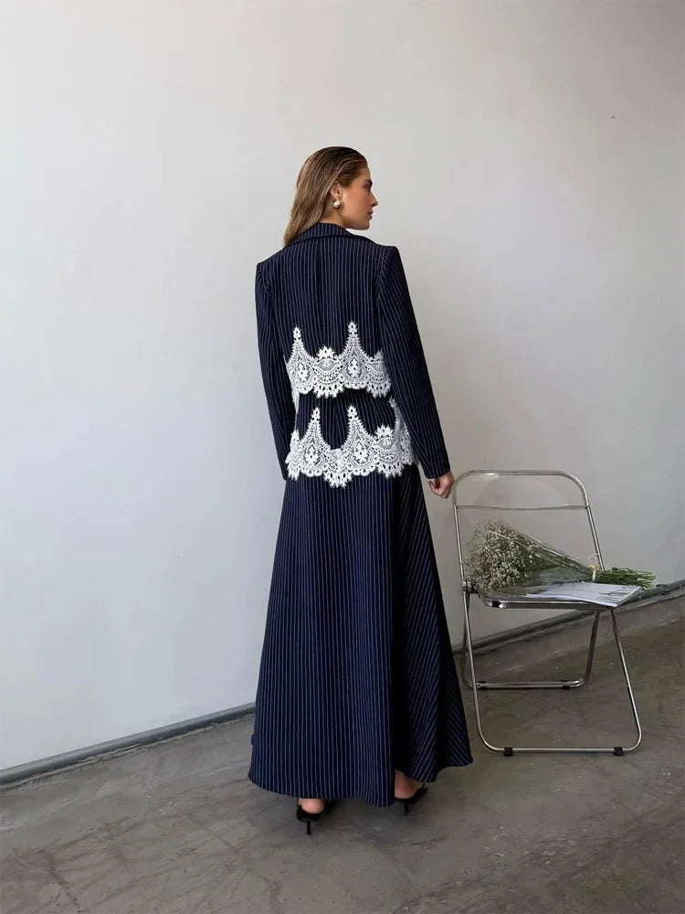 Elegante Completo a 3 Pezzi con Inserti in Pizzo a Righe, Top a Bretelle Chic, Blazer Corto e Gonna Lunga, Set da Donna 2026 per Lavoro e Feste