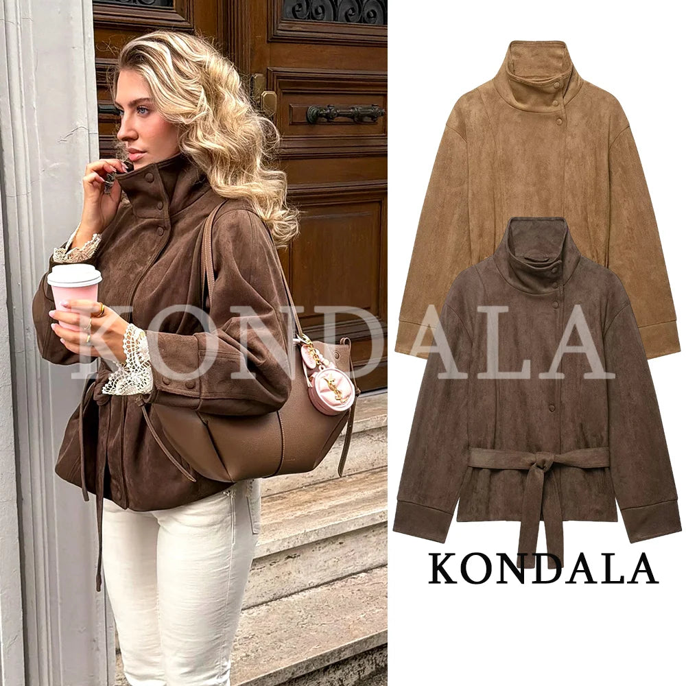 Cappotto Donna Vintage con Cintura in Finta Pelle Scamosciata