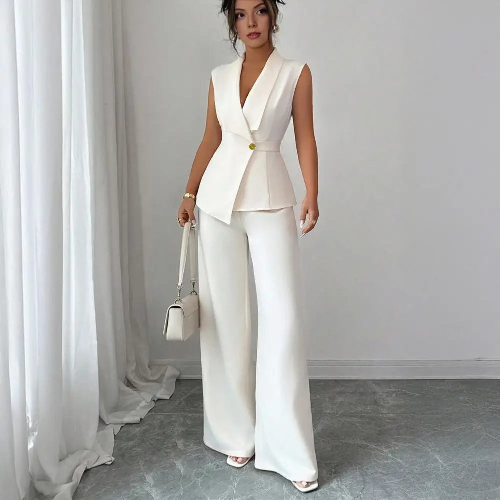 Completi da lavoro da donna in 2 pezzi, blazer casual senza maniche, gilet, pantaloni a gamba larga, set da lavoro elegante per ufficio