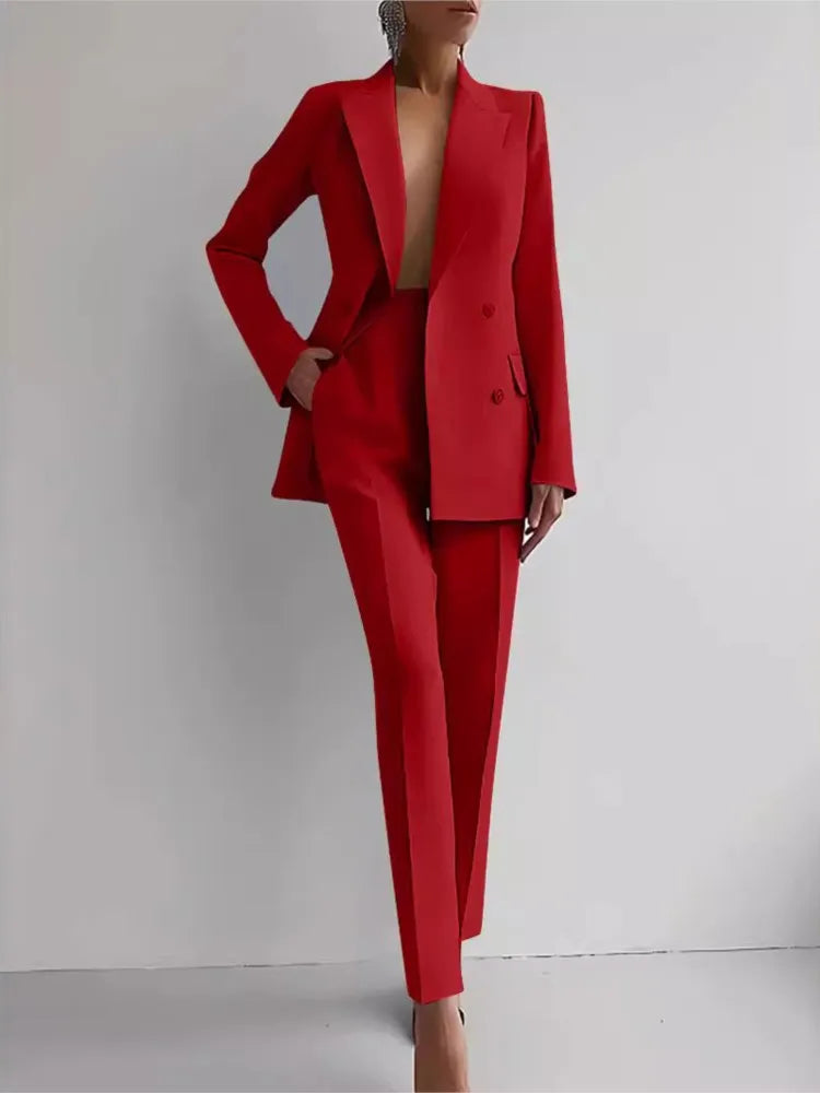 Completo casual primaverile a maniche lunghe Set autunno elegante da ufficio Lady Solid Slim Top Blazer Pantaloni Set da due pezzi Completo da donna 2025