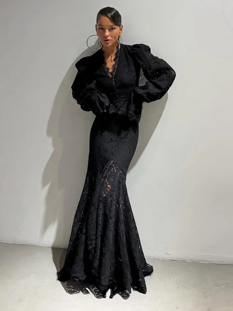 Completo da donna con gonna in pizzo, scollo a V, maniche a campana, top a vita aderente, elegante abito a sirena da sera, completo due pezzi, abbigliamento primaverile