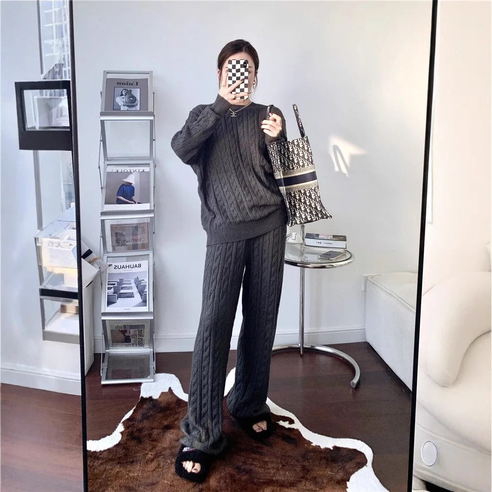 Abito lavorato a maglia per donna autunno e inverno nuovo maglione intrecciato + pantaloni a gamba larga set da due pezzi