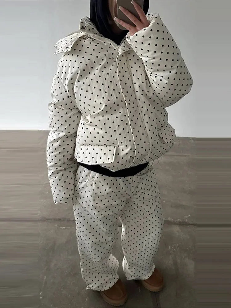 Completo da donna casual con cappotto imbottito in cotone a pois, pantaloni, cappuccio, maniche lunghe, cappotti con cerniera, pantaloni dritti, set da sci invernale 2026