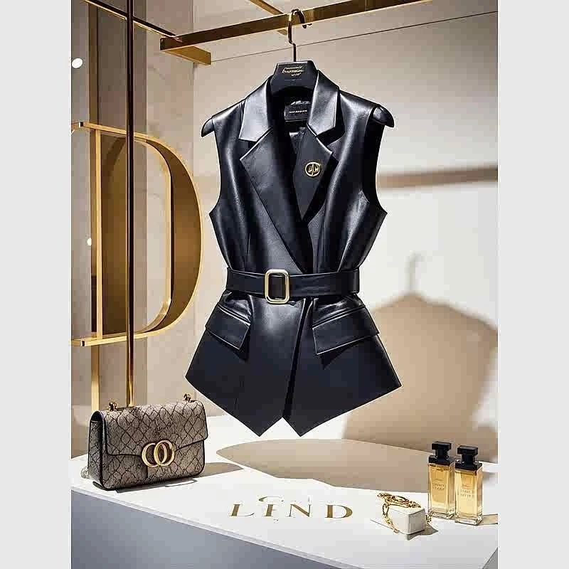 Gilet in Ecopelle Nera con Cintura e Spilla