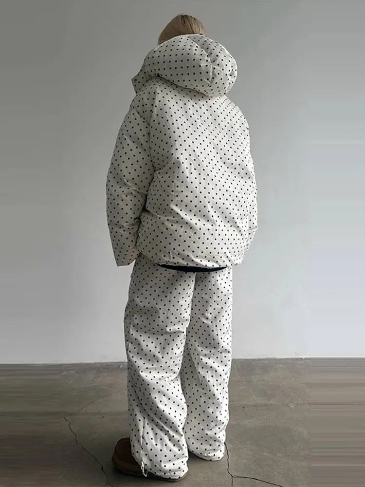 Completo da donna casual con cappotto imbottito in cotone a pois, pantaloni, cappuccio, maniche lunghe, cappotti con cerniera, pantaloni dritti, set da sci invernale 2026