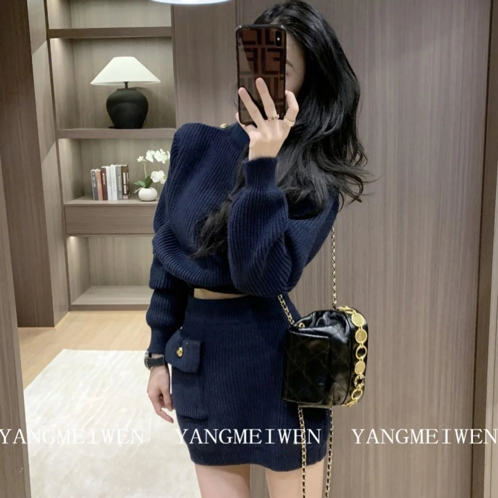 Maglione pullover sottile Top corto + minigonna Set abito da donna Autunno Inverno Set due pezzi Completo Y2k Streetwear
