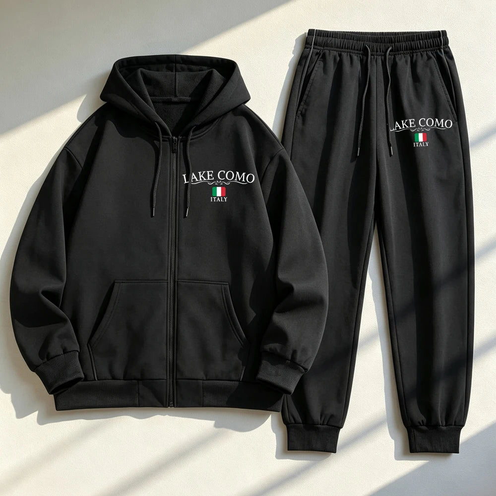 Set Donna Due Pezzi Hoodie con Zip – Stampa Lake Como Italy Fleece Oversize Invernale