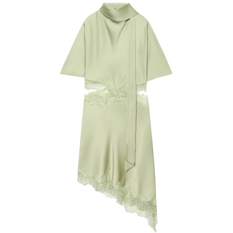 Abito Asimmetrico in Raso e Pizzo con Sciarpa – Maniche Corte e Cut-Out - Veyla