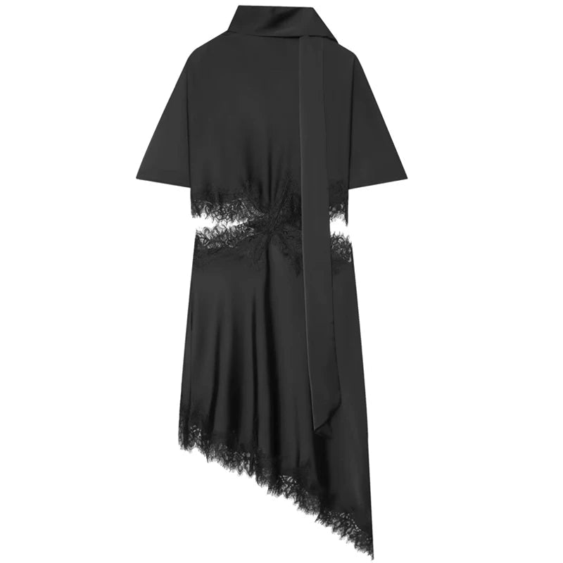 Abito Asimmetrico in Raso e Pizzo con Sciarpa – Maniche Corte e Cut-Out - Veyla