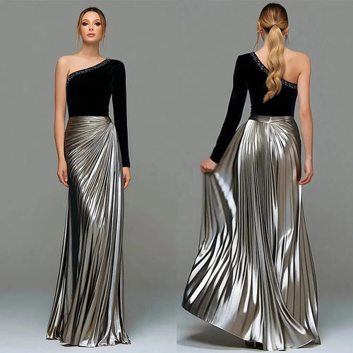 Abito Cerimonia Donna Monospalla – Lungo con Perle e Drappeggio Elegante - Veyla