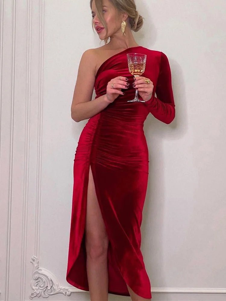 Abito Donna Bodycon in Velluto – Midi con Spacco Maniche Lunghe Elegante - Veyla