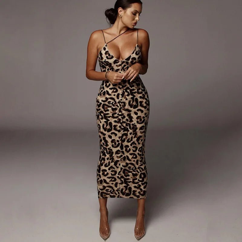 Abito Donna Midi Leopardato – Scollo a V Senza Maniche Sexy Streetwear Party - Veyla