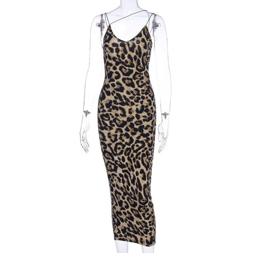 Abito Donna Midi Leopardato – Scollo a V Senza Maniche Sexy Streetwear Party - Veyla