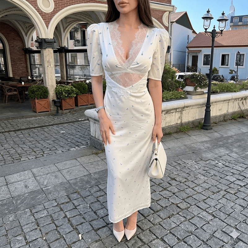 Abito in Pizzo Cavo a Maniche Corte con Vita Alta – Slim Fit, Festa, Club - Veyla