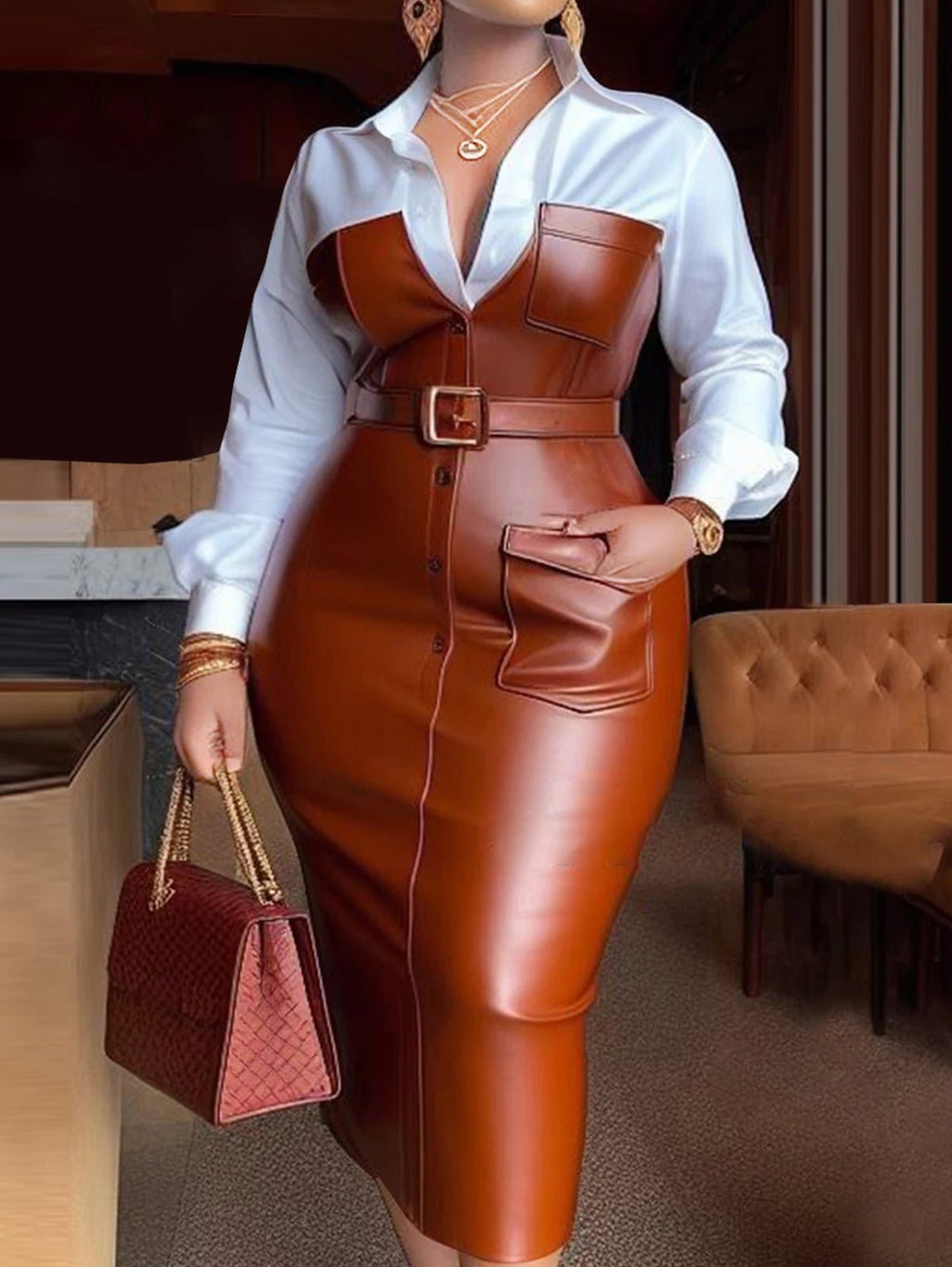 Abito Longuette con Colletto a Camicia, Inserti in Pelle PU e Cintura – Manica Lunga - Veyla