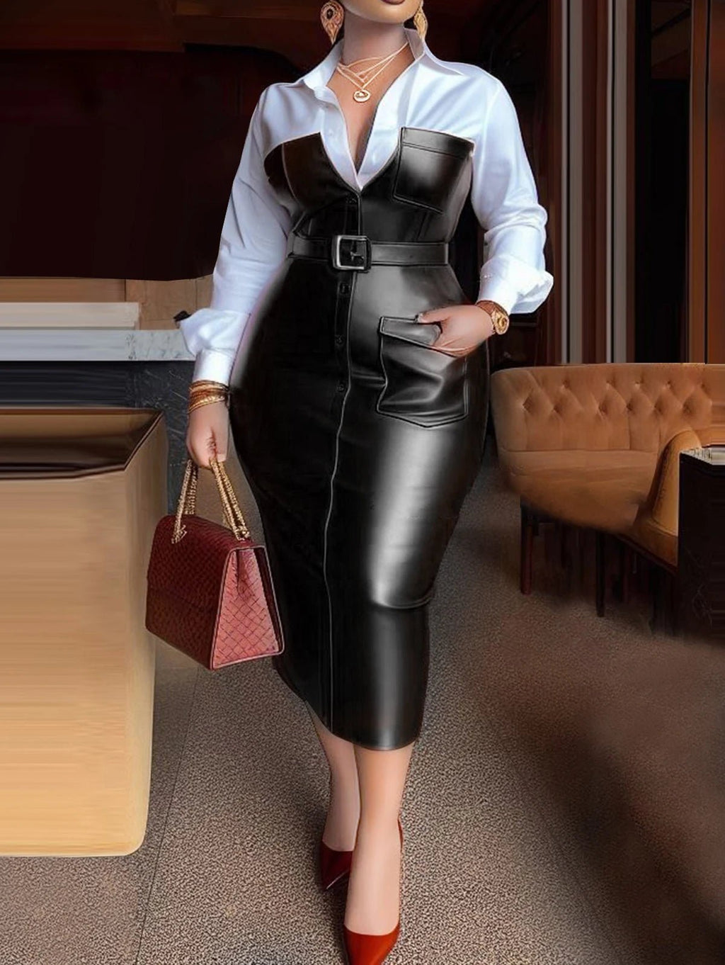 Abito Longuette con Colletto a Camicia, Inserti in Pelle PU e Cintura – Manica Lunga - Veyla