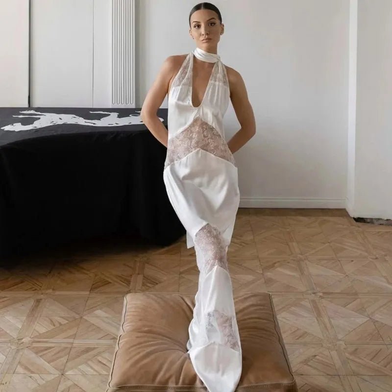 Abito Lungo in Pizzo Patchwork con Collo Trasparente e Nastro – Lusso, Sera - Veyla