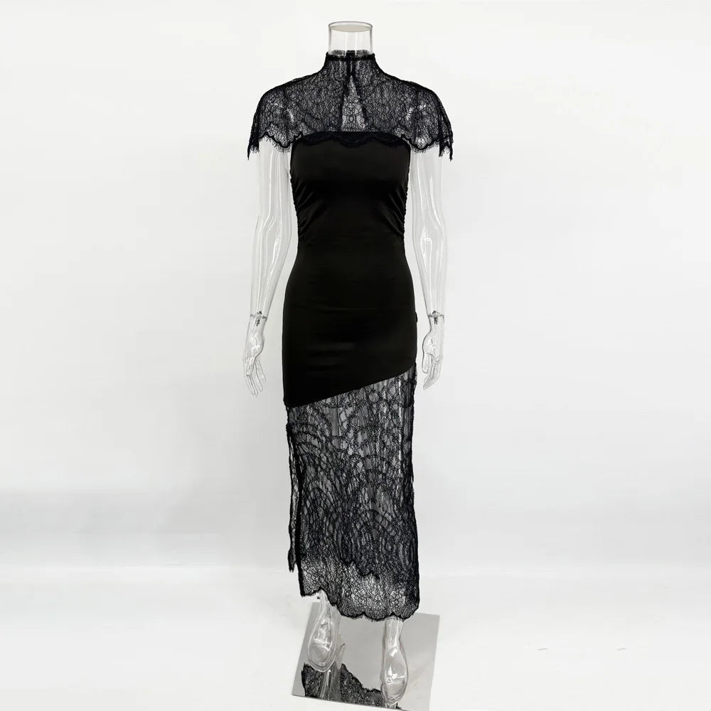 Abito Lungo in Pizzo Trasparente con Collo Alto – Patchwork, Senza Maniche, Elegante - Veyla