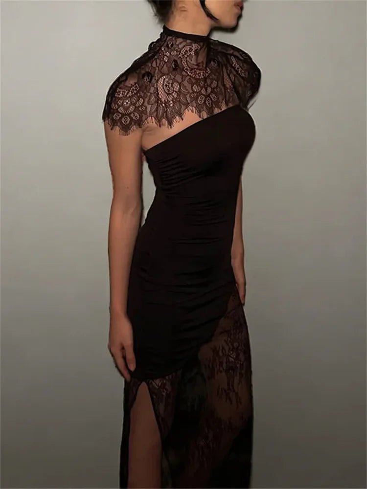 Abito Lungo in Pizzo Trasparente con Collo Alto – Patchwork, Senza Maniche, Elegante - Veyla