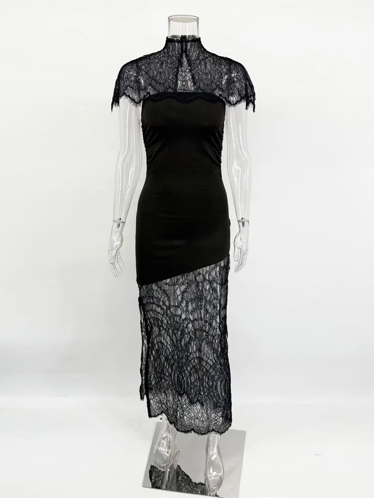 Abito Lungo in Pizzo Trasparente con Collo Alto – Patchwork, Senza Maniche, Elegante - Veyla
