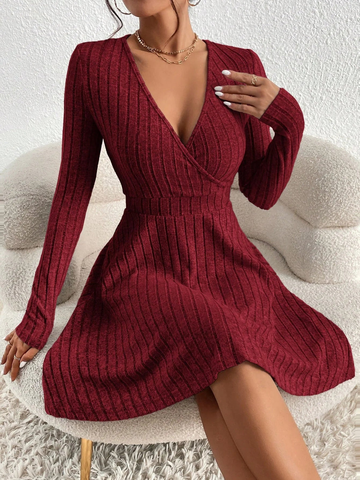 Abito Maglione Donna Bodycon – Midi a Maniche Lunghe Scollo a V Autunno Inverno - Veyla