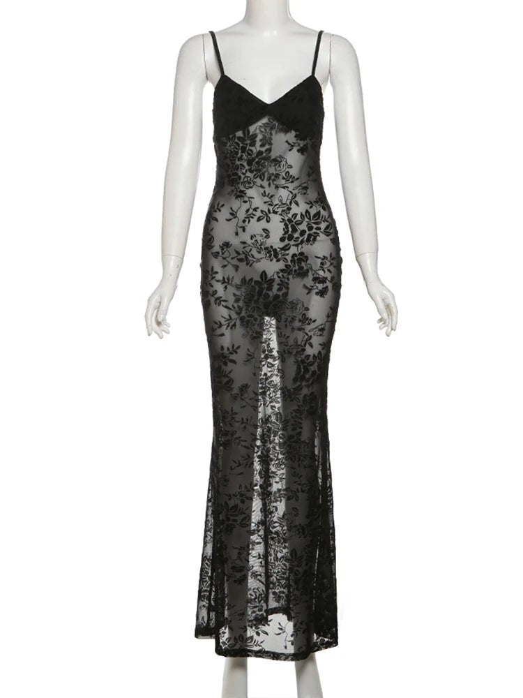 Abito See-Through Nero – Backless con Dettaglio Floreale - Veyla