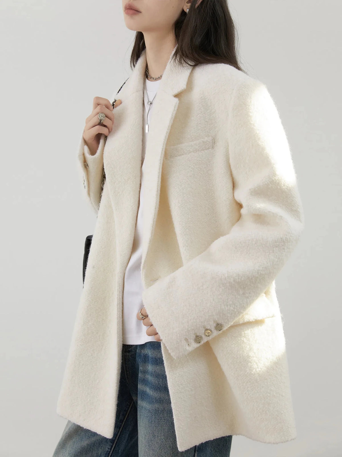Blazer Donna in Lana Oversize Bianco – Cappotto Midi Casual Ufficio Autunno 2026 - Veyla