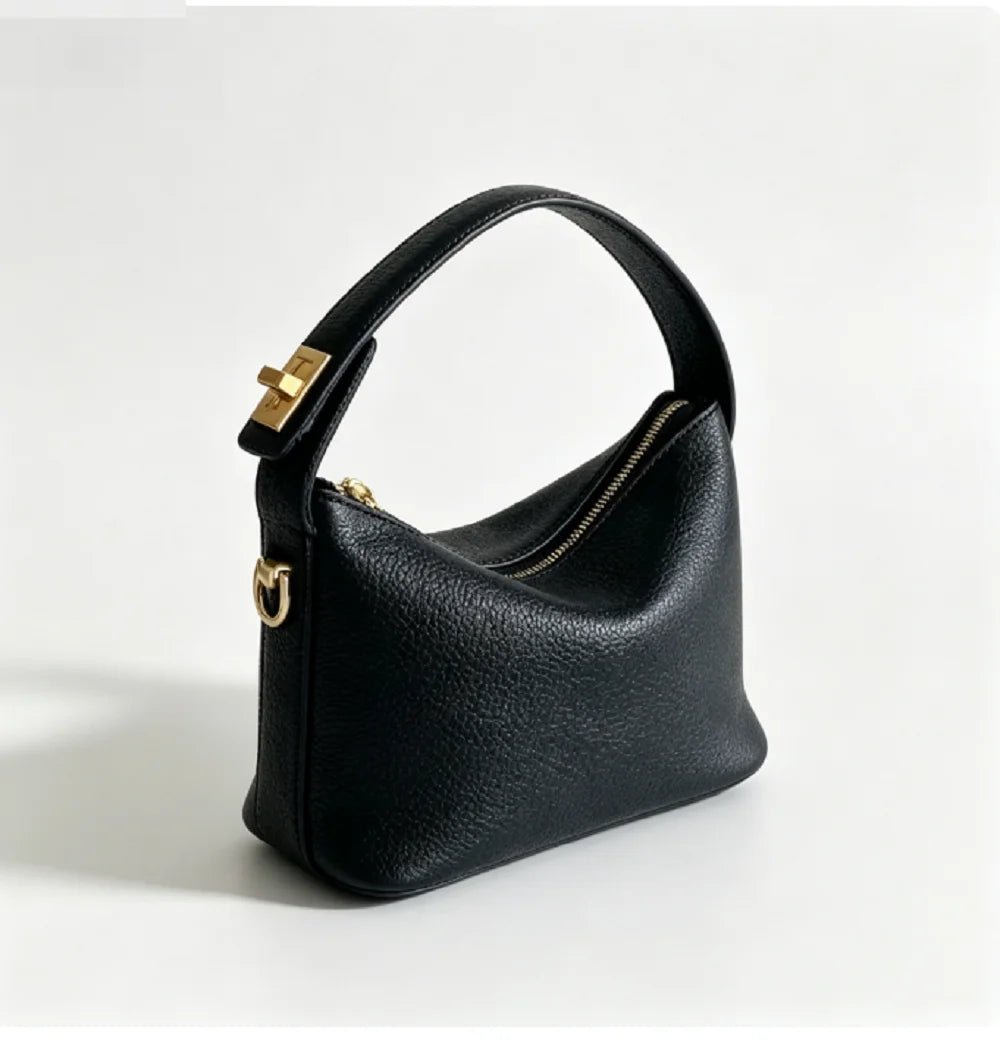Borsa a Mano Nera in Ecopelle Texture Litchi – Dettagli Oro - Veyla