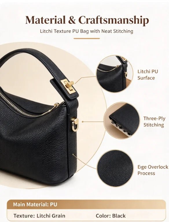Borsa a Mano Nera in Ecopelle Texture Litchi – Dettagli Oro - Veyla