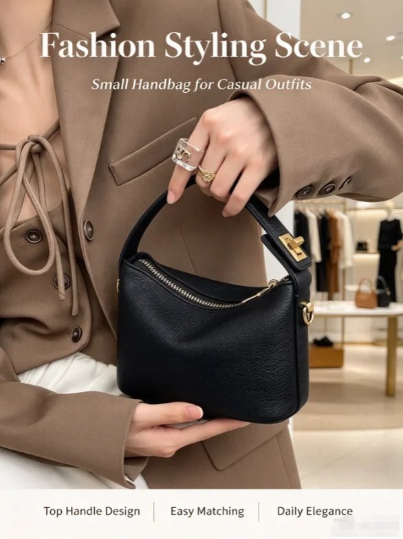 Borsa a Mano Nera in Ecopelle Texture Litchi – Dettagli Oro - Veyla