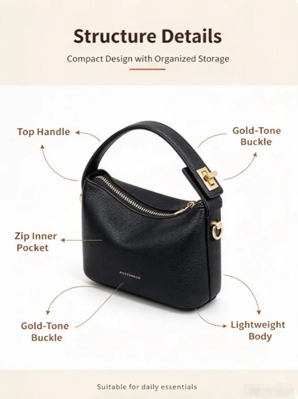Borsa a Mano Nera in Ecopelle Texture Litchi – Dettagli Oro - Veyla