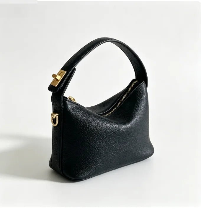 Borsa a Mano Nera in Ecopelle Texture Litchi – Dettagli Oro - Veyla
