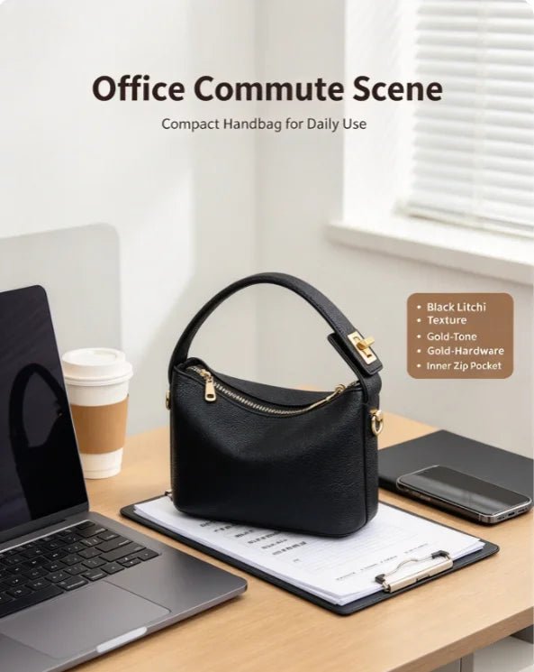 Borsa a Mano Nera in Ecopelle Texture Litchi – Dettagli Oro - Veyla