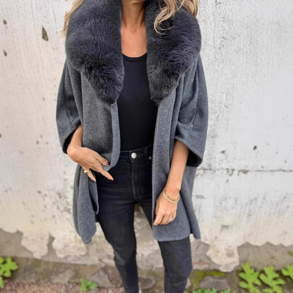 Cappotto Donna con Collo in Pelliccia – Cape Midi Autunno Inverno - Veyla